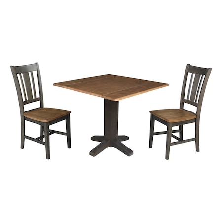 International Concepts 36 in. Solid Wood Square Dual Drop Leaf Dining Table with 2 Chairs in Hickory/Washed Coal K45-36SDP-C10-2